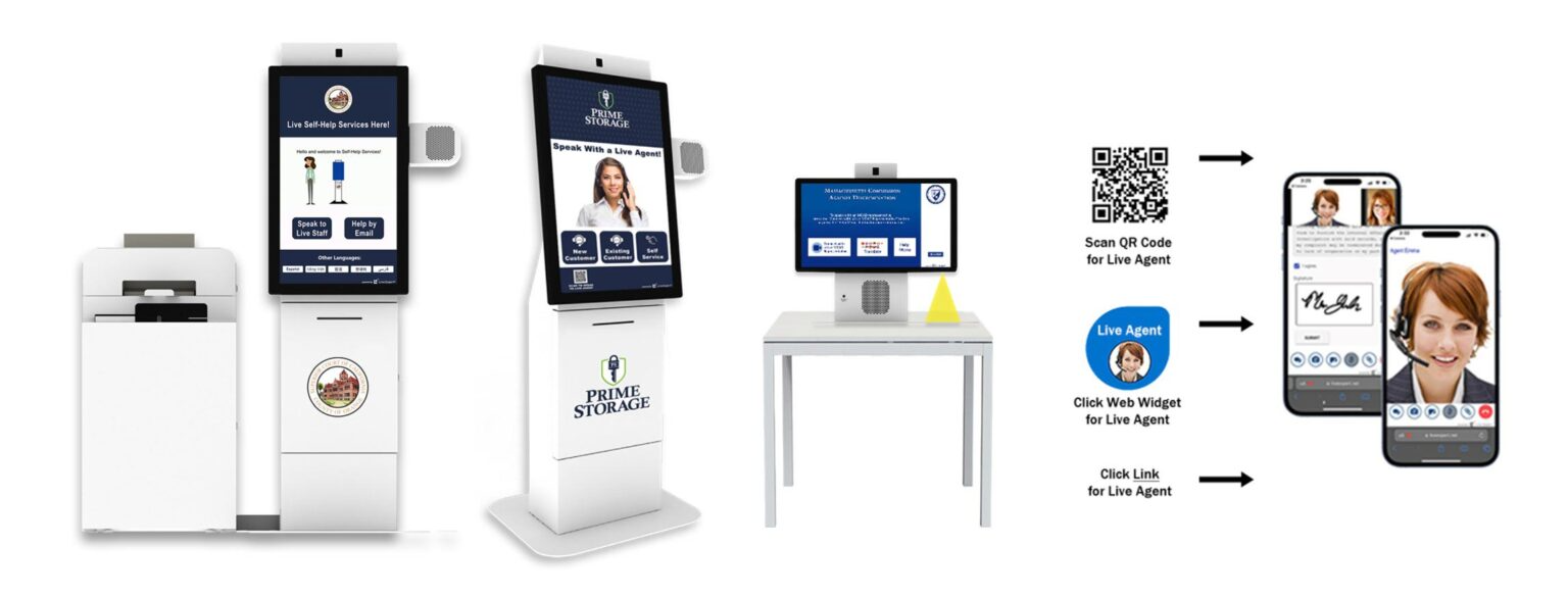 Live video customer support displayed on various kiosk models and a mobile phone.